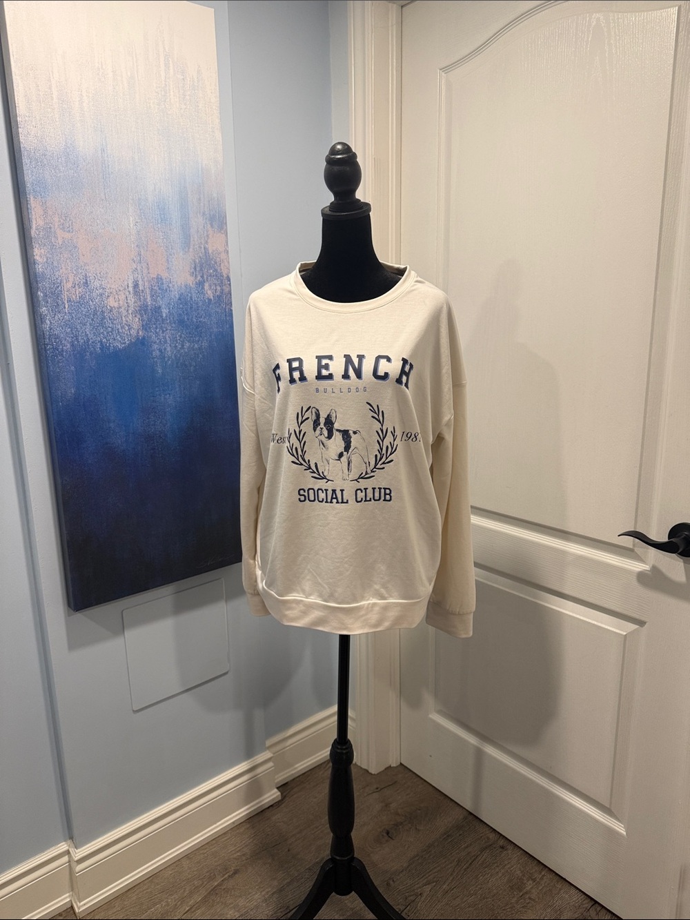 Reitmans Cream "French Social Club" Crewneck Sweater with Navy Print